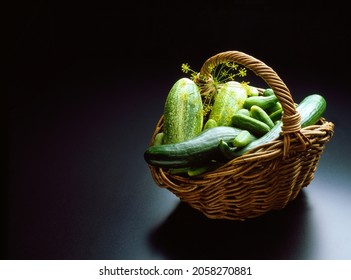 Fresh Cucumbers in a basket on dark background