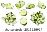 Fresh cucumbers isolated on white, collage. Different types of cuts