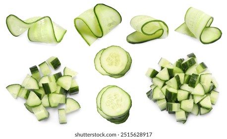 Fresh cucumbers isolated on white, collage. Different types of cuts