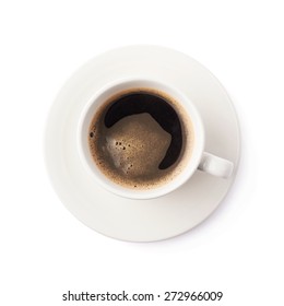 Fresh Cup Of Black Coffee On A White Ceramic Plate, Composition Isolated Over The White Background, Top View Above Foreshortening