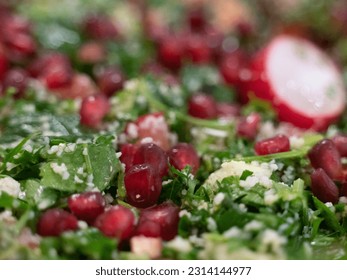 Fresh cut cuscus and vegetables salad with arugula and pomegrant seeds and radish