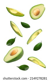 Fresh cut flying avocados isolated on white - Shutterstock ID 2149278281