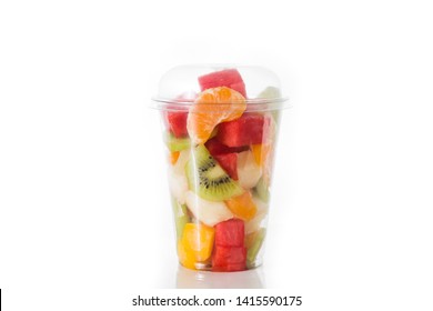 Fresh Cut Fruit In A Plastic Cup Isolated On White Background