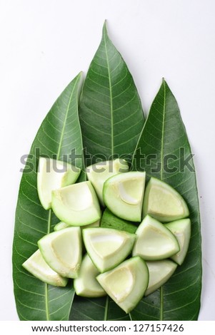 Fresh cut mango placed on  leaves isolated on white background.