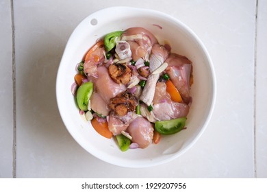 Fresh Cut Raw Chicken Meat In A Bowl Mix With Vegetables Before Cooked