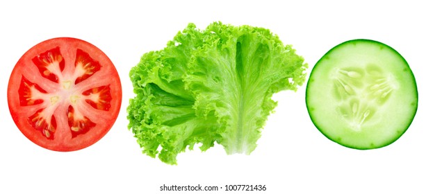 Fresh Cut Tomato, Cucumber And Lettuce Isolated On White Background