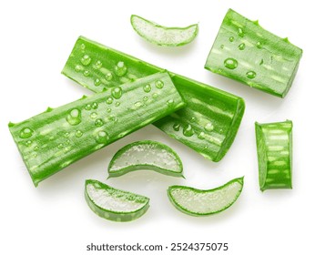 Fresh cuts of aloe Vera leaf covered with water drops isolated on white background. Top view. - Powered by Shutterstock