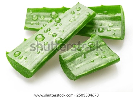 Fresh cuts of aloe Vera leaf covered with water drops isolated on white background.