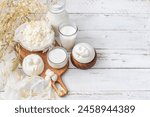 Fresh dairy products (milk, feta, Tzfatit cheese, cottage cheese, Mozzarella, Buratta ,kefir).Symbols of jewish holiday - Shavuot	
