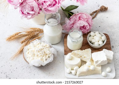 Fresh dairy products (milk, kefir, feta, cottage cheese, Mozzarella).Symbols of jewish holiday - Shavuot