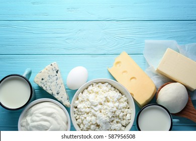 Fresh Dairy Products On Blue Wooden Background