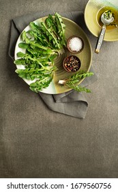 Fresh Dandelion Leaves Overhead Shoot. Healthy Spring Natural Organic Food Concept - Image