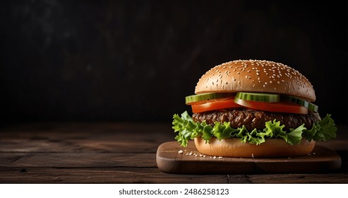 Fresh, delicious burgers with a beef patty, lettuce, onions, tomatoes and cucumbers. A large, fresh hamburger with overflowing cheese filling. On a wooden table isolated on a dark background.