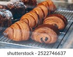 Fresh and delicious French pastries in a pastry shop window 