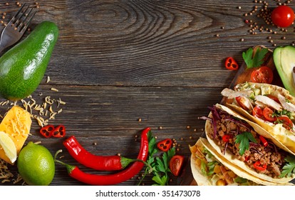 Fresh Delicious Mexican Tacos And Food Ingredients.