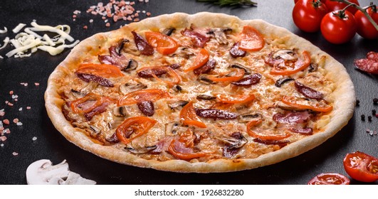 Fresh Delicious Pizza Made In A Hearth Oven With Tomatoes, Sausage And Mushrooms. Mediterranean Cuisine