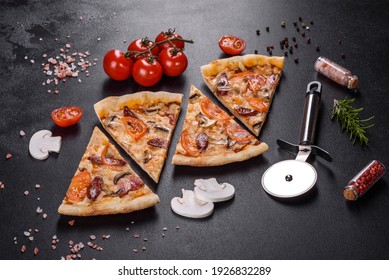 Fresh Delicious Pizza Made In A Hearth Oven With Tomatoes, Sausage And Mushrooms. Mediterranean Cuisine