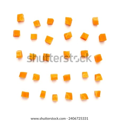 Fresh Diced Carrot Isolated, Raw Carrot Cubes Closeup, Chopped Orange Root Vegetable, Diced Carrots Pile on White Background Top View