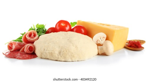 Fresh Dough And Other Different Ingredients For Pizza Isolated On White