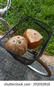 Fresh And Dried Brown Coconuts In A Bicycle Basket With Green Grass At Background, Top View