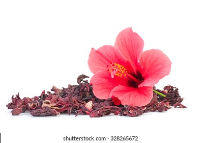 Fresh and dried hibiscus flowers isolated on white background