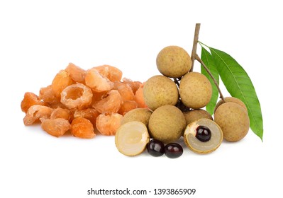 fresh and dried longan with leaf isolated on white background