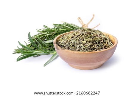 Fresh and dried rosemary leaves isolated on white background.