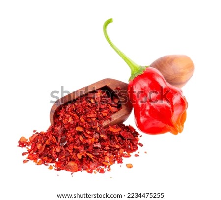 Fresh and dry ground red chili peppers isolated on white background. Capsicum baccatum or Bishop's crown pepper.