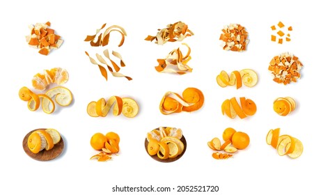 Fresh And Dry Orange Peel Set Isolated On White Background. Citrus Skin, Zest Pieces Big Collection