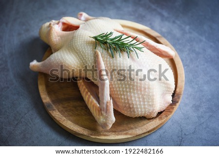 Fresh duck meat on wooden tray for food, Raw duck with herb spices rosemary ready to cook on dark background, Whole duck