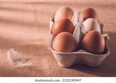 Fresh Eggs In A Cardboard Box, On A Beige Background, No People, Rustic Style, Selective Focus, Raw, Toned,sunlight,