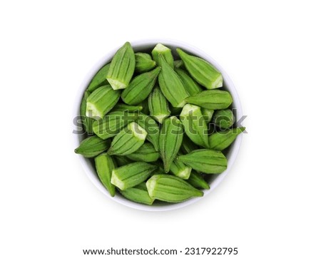 fresh Egyptian okra small size in bowl ready for cooking isolated on white background top veiw