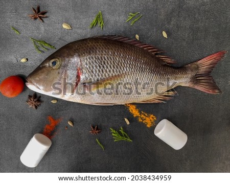 Fresh Emperor Fish decorated with herbs and vegetables on a black pad.White Background