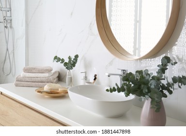 Fresh Eucalyptus Branches And Bathroom Items On Countertop