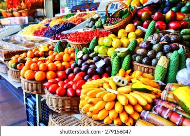 Fresh exotic fruits in Mercado Dos Lavradores.  Funchal, Madeira - Powered by Shutterstock