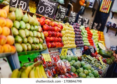 Fresh Exotic Fruits On European Market Counter