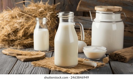 Fresh Farm Milk: Capture a rustic still-life of fresh milk in a glass bottle, surrounded by scenic farm elements like hay, barn wood, and a milk pail.
 - Powered by Shutterstock