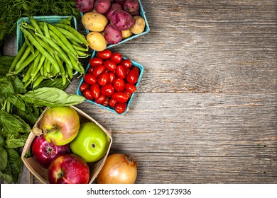 Fresh farmers market fruit and vegetable from above with copy space