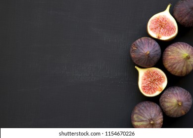 Fresh Figs On Black Background, Top View. From Above, Overhead. Copy Space.