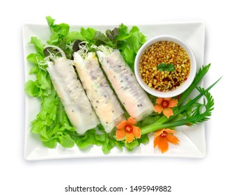 Fresh Fish And Egg Spring Rolls With Vegetables Side Dish With Sweet Dipping Sauces Vietnamese Food Style Decorate With Carved Vegetables Style Healthy Food Goodtasty Top View