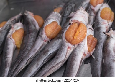 Fresh Fish With Eggs Sold In Thai Market