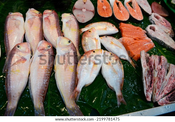 Fresh Fish Market Top View Slices Stock Photo 2199781475 | Shutterstock