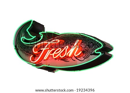 Fresh Fish neon sign,			Isolated on white