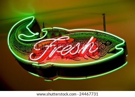 Fresh fish neon sign in Seattle, Washington