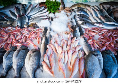 Fresh Fish On The Counter At A Fish Store