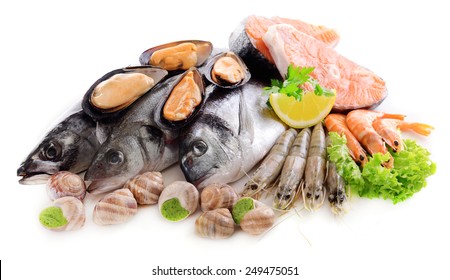 Fresh Fish And Other Seafood Isolated On White