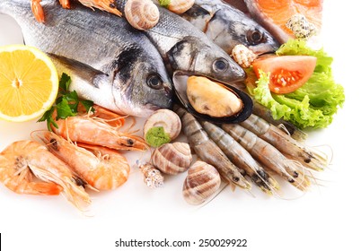 Fresh Fish And Other Seafood Isolated On White