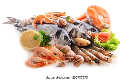 Fresh Fish And Other Seafood Isolated On White