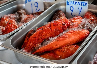 Fresh Fish Or Seafood Market In Heraklion, Crete, Greece. Food Travel Concept.