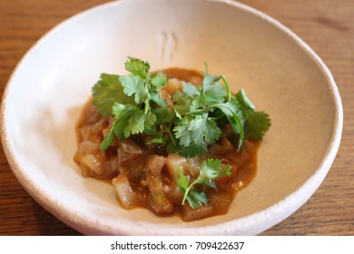 Fresh Fish (Seriola Quinqueradiata) Tartar On A White Plate, Restaurant Dish 